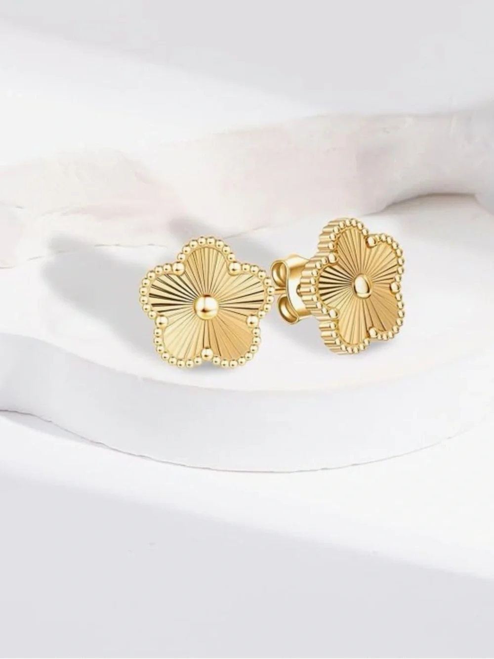 Gold Plated Clover Floral Stud Earrings - Women Jewelry